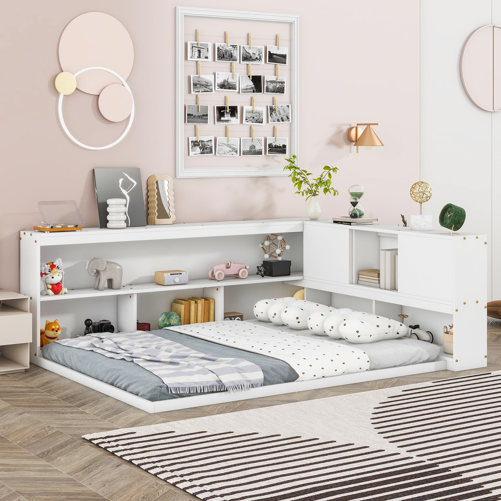 Bellemave® Full Size Floor Bed with L-shaped Bookcases, Sliding Doors,Without Slats Bellemave®