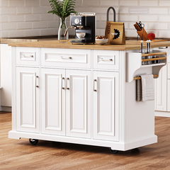 Bellemave® 54" Large Kitchen Island on 4 Wheels with Rubber Wood Drop Leaf, 4 Doors and 3 Drawers