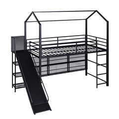 Bellemave® Twin Size Metal House Loft Bed with Iron mesh Shelves and Slide