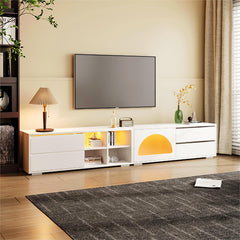 Bellemave® 94.4" Modern TV Stand with Fluted Glass Door and LED Light, Sliding Door & 2 Drawers