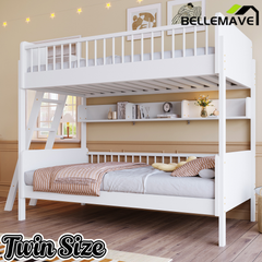 Bellemave® Twin Size Bunk Bed with 3 Storage Shelves, Safety Guardrails & Interchangeable Ladder, Space Saving Design for Kids Room, White Bellemave®