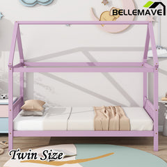 Bellemave® Twin Size Rubber Wood House Bed with Headboard and Footboard