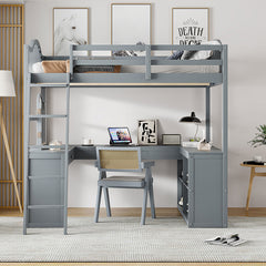 Bellemave® Full Size Wooden Loft Bed with U-shaped Desk,Storage Compartments and Tri-fold Mirror