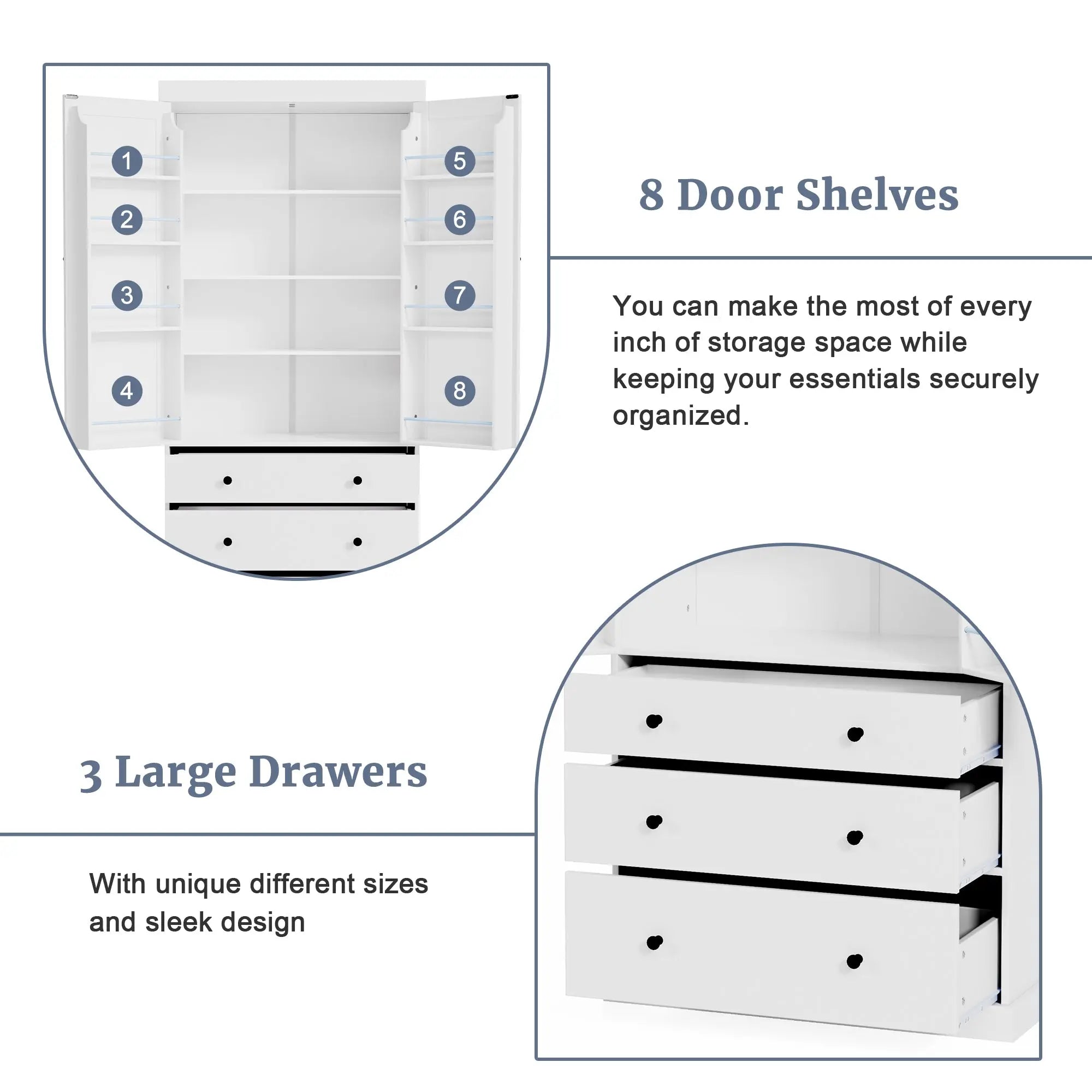 Bellemave® 77" Freestanding Tall Cupboard Storage Cabinet with 3 Adjustable Shelves, 8 Door Shelves, 3 Drawers Bellemave®