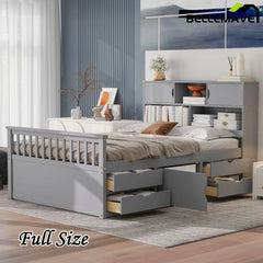 Bellemave® Full Size Captain Platform Bed with Storage Bookcases and Shelves,Four Drawers