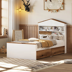 Bellemave® Twin Size House-Shaped Wooden Bed with Storage Shelf on the Headboard, Built-in Two Storage Drawers