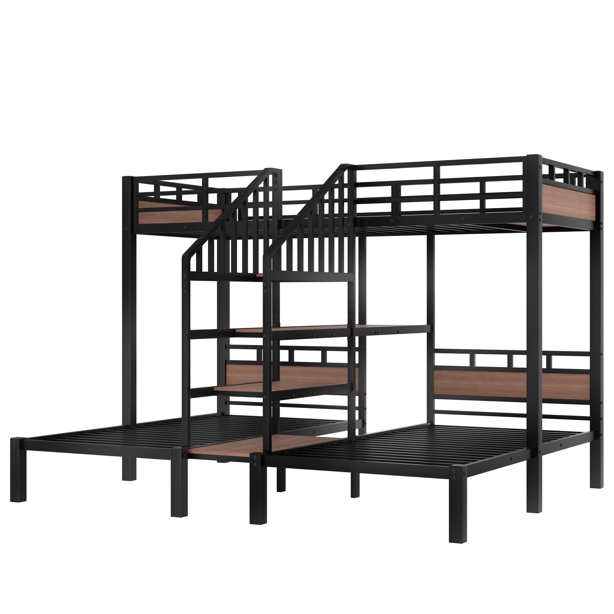 Bellemave® Metal Triple Bunk Bed with Shelf, Storage Stairs & Safety Guardrails, Black Bellemave