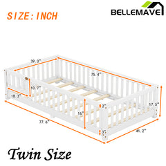 Bellemave® Twin Size Montessori Floor Bed with Safety Guardrails and Door