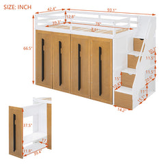 Bellemave® Twin Size Loft Bed with Two-Tone Storage Stairs and Pull-Out Wardrobe