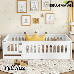 Bellemave® Solid Wood Floor Bed with Slats, Heightened Safety Guardrails and Door