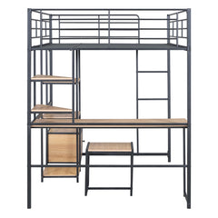 Bellemave® Full Size Metal Loft Bed with Desk and Stool,Open-Style Wardrobe, Shelves and Cabinet