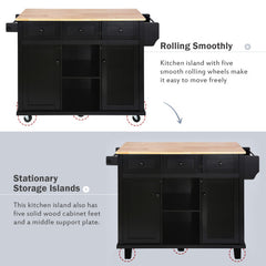 Bellemave® 53.1" Kitchen Cart with Rubber Wood Drop-Leaf Countertop ,Cabinet door internal storage racks,Storage Cabinet and 3 Drawers