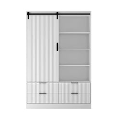 Bellemave® Modern Wardrobe with Hanging Rod and Barn Door ,Drawers and Open Shelves