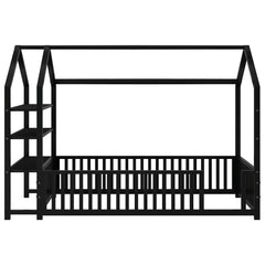 Bellemave® Metal House Bed with Fence and Detachable Storage Shelves