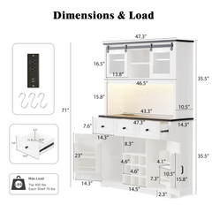 Bellemave® 71" Farmhouse Pantry Bar Cabinet with Internal Storage Rack,Sliding Door,Power Outlet,Pegboard,Wine & Glasses Rack,3 Drawers