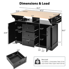 Bellemave® 55.7" Large Kitchen Island on 5 Wheels with 2 Drop Leaf,Power Outlet, Spice,Towel Rack,3 Drawers