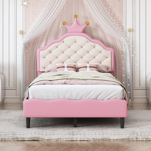 Bellemave® Lovely Crown Fantasy PU Leather Princess Bed with Tufted Headboard