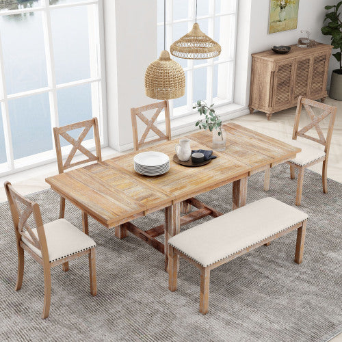 Bellemave® 6-Piece Extendable Dining Table with Footrest, 4 Upholstered Dining Chairs and Dining Bench