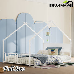 Bellemave® Twin Size Metal House Bed with Roof and Colorful Lights, Slats and Legs