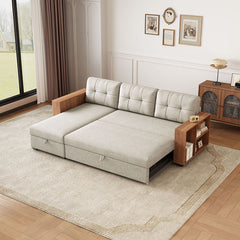 Bellemave® 84" Upholstered Pull Out Sectional Sofa with Storage Chaise and Wooden handrail