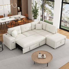 Bellemave® 86.6" Sectional Sofa L-shaped Sofa Couch Pull-out Sofa Bed with a Movable Ottoman, Two USB Ports and Two Cup Holders