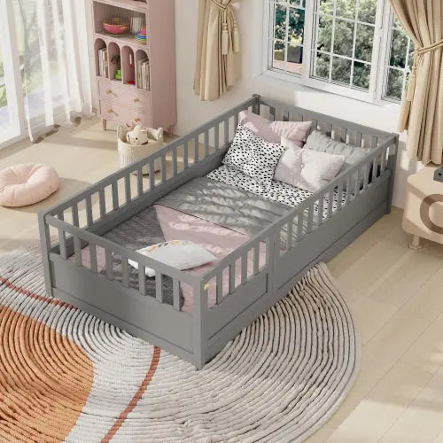 Bellemave® Montessori Wooden Children's Floor Bed with Super High Security Barrier and Door Bellemave®