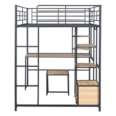 Bellemave® Full Size Metal Loft Bed with Desk and Stool,Open-Style Wardrobe, Shelves and Cabinet