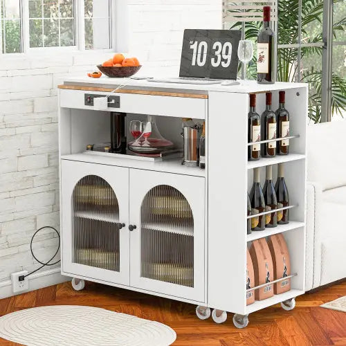 Bellemave® 41" Rolling Kitchen Island with Extended Table and LED Lights,Power Outlets and 2 Fluted Glass Doors, a Storage Compartment and Side 3 Open Shelves Bellemave®