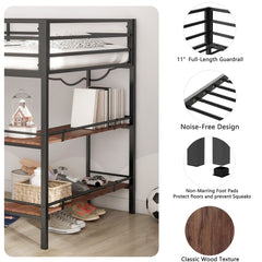 Bellemave® Twin Size Loft Bed with Cinnamon Wood Shelf