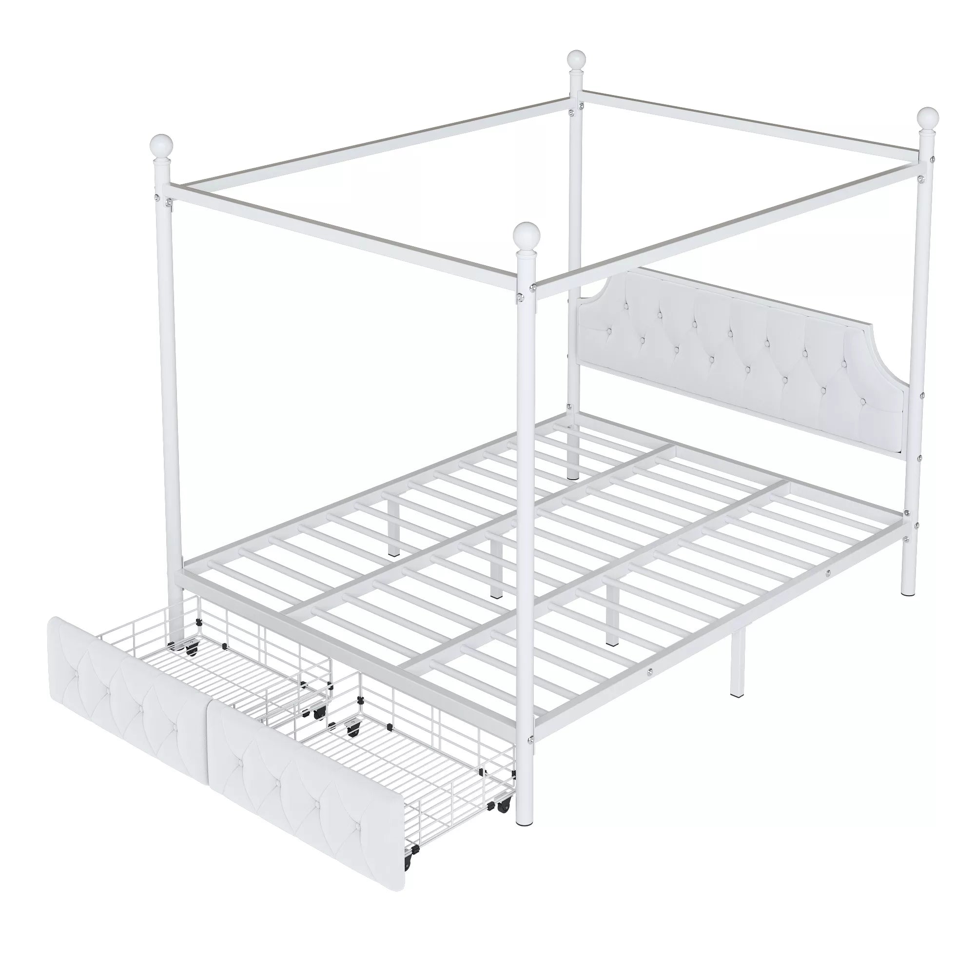 Bellemave® Queen Upholstered Canopy Bed Frame with 2 Drawers, Headboard & Storage, Four-Poster Metal Platform Bed Frame, White Bellemave®