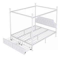 Bellemave® Queen Upholstered Canopy Bed Frame with 2 Drawers, Headboard & Storage, Four-Poster Metal Platform Bed Frame, White Bellemave®