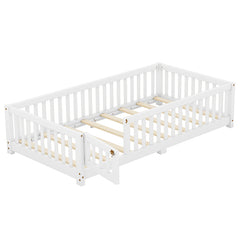 Bellemave® Twin Size Montessori Floor Bed with Safety Guardrails and Door