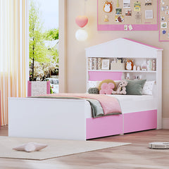 Bellemave® Twin Size House-Shaped Wooden Bed with Storage Shelf on the Headboard, Built-in Two Storage Drawers