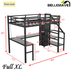 Bellemave® Metal Loft Bed with L-shaped Desk,Wardrobe and Adjustable Shelf