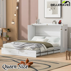 Bellemave® Murphy Bed Wall Bed with Drawer and A Set of Sockets & USB Ports, Pulley Structure Design