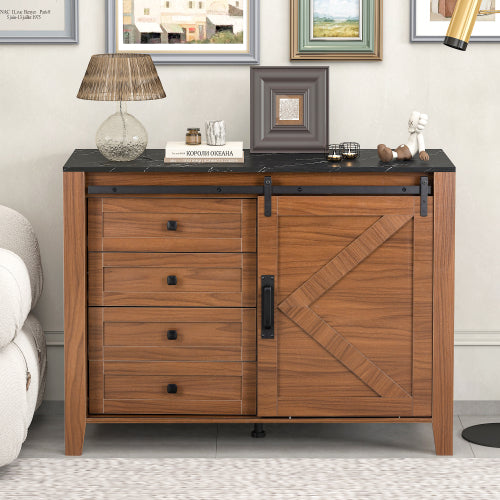 Bellemave® Drawer Dresser Cabinet with Slide the Barn Door, Four Drawers and Metal Handle