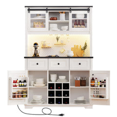 Bellemave® 71" Farmhouse Pantry Bar Cabinet with Internal Storage Rack,Sliding Door,Power Outlet,Pegboard,Wine & Glasses Rack,3 Drawers