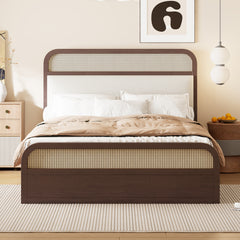 Bellemave® Queen size Wooden Platform Bed with Trundle and 2 Drawers