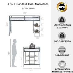 Bellemave® Twin Size Loft Bed with Cinnamon Wood Shelf