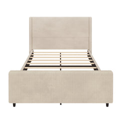 Bellemave® Corduroy Upholstered Bed with Vertical Stripe Wingback and High Footboard