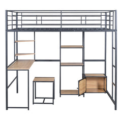 Bellemave® Full Size Metal Loft Bed with Desk and Stool,Open-Style Wardrobe, Shelves and Cabinet