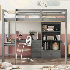 Bellemave® Full Size Loft Wood Bed with Desk, Storage shelves and Drawers, Built-in Ladder and Guardrails