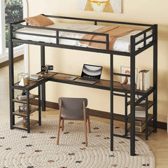 Bellemave® Metal Loft Bed with Desk and Shelves