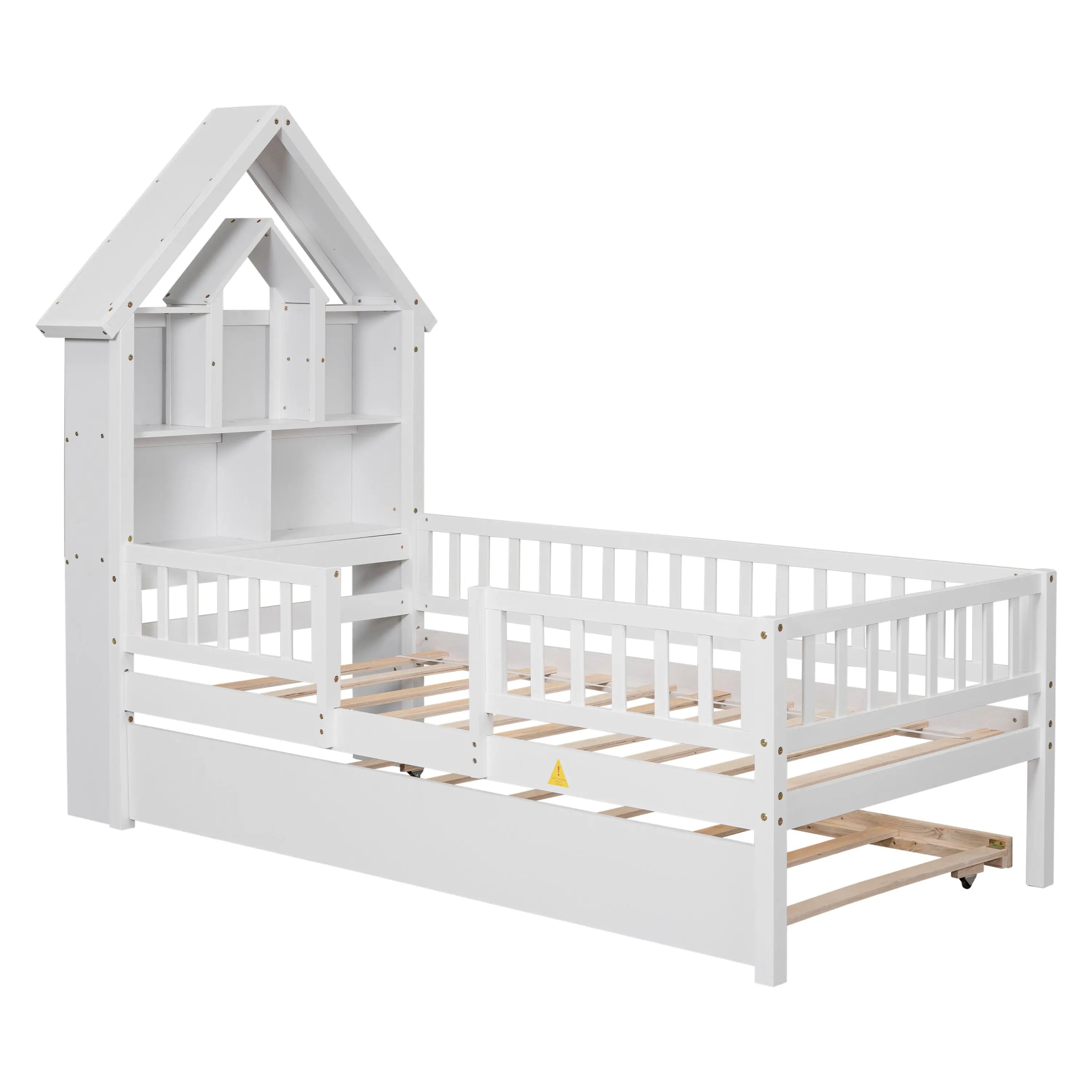 Bellemave® Twin Size House Bed with Fence Guardrails and Trundle