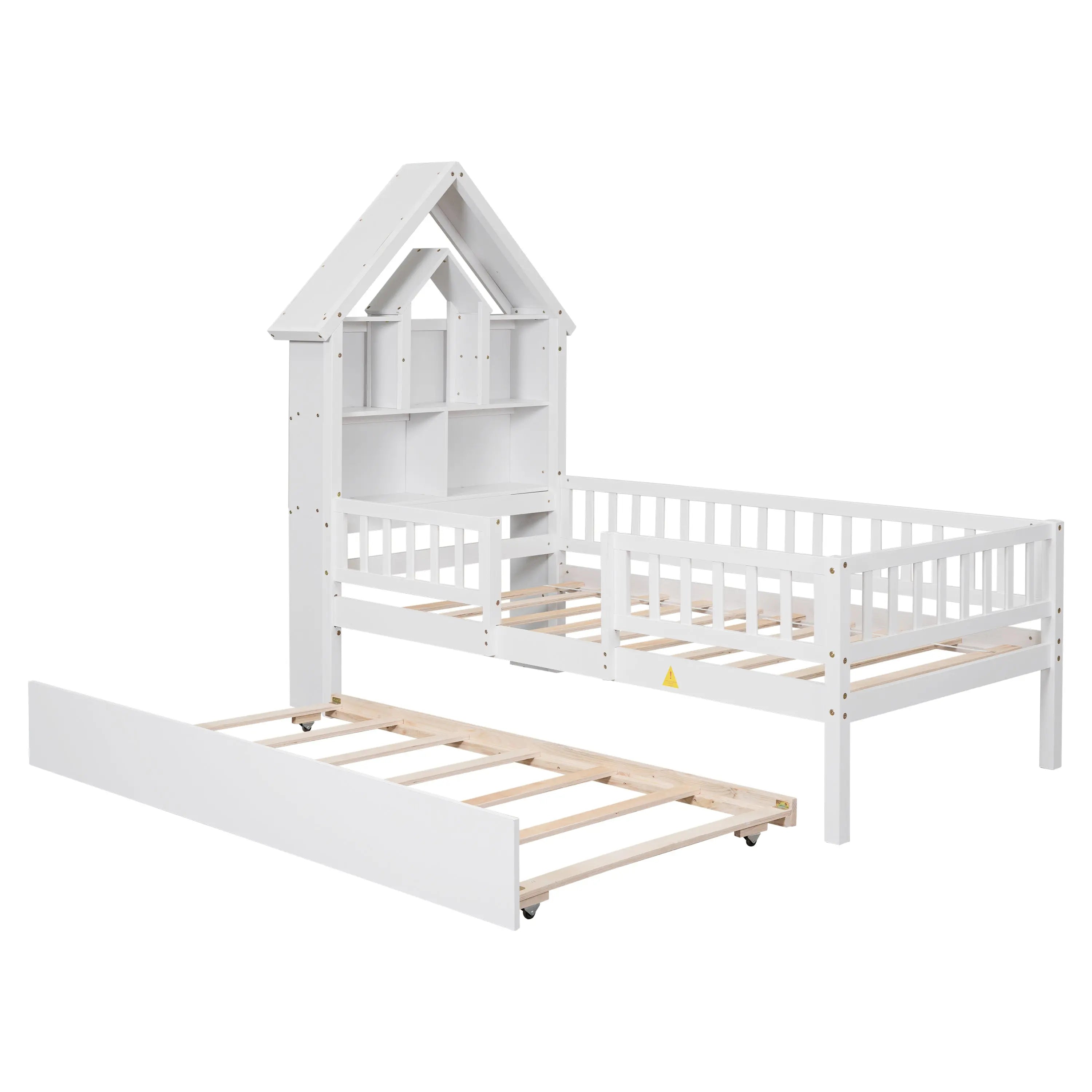 Bellemave® Twin Size House Bed with Fence Guardrails and Trundle