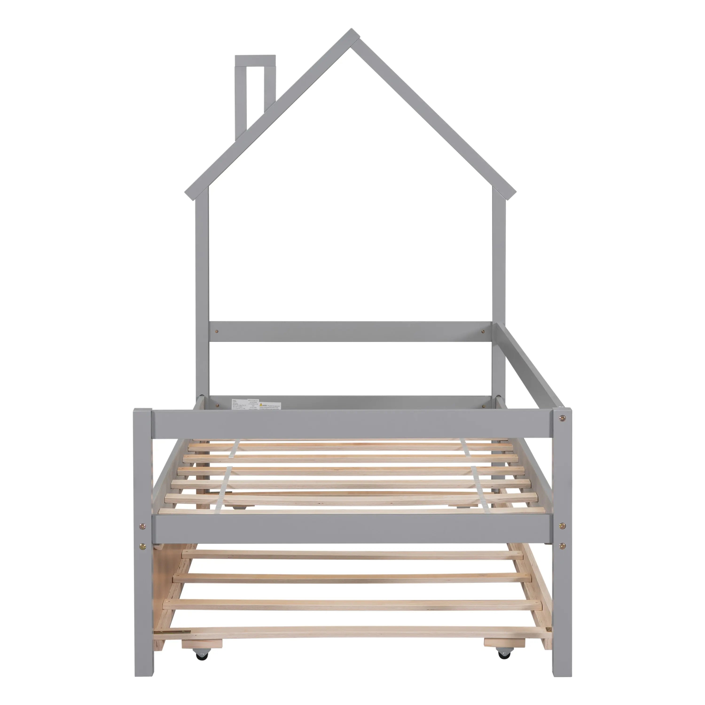 Bellemave® Twin Size Wooden House-Shaped Daybed with Trundle and Guardrails Bellemave®