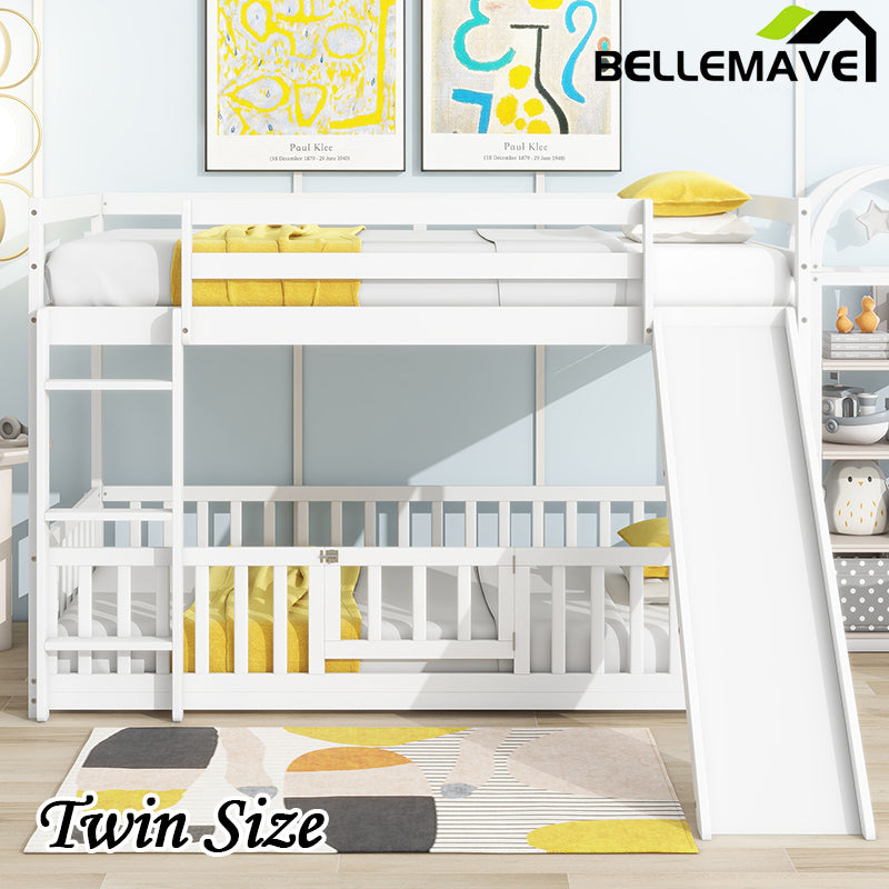 Bellemave® Twin Size Solid Pine Wood Floor Bunk Bed with Slide and Ladder, Door and Safety Guardrails