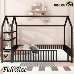 Bellemave® Metal House Bed with Fence and Detachable Storage Shelves