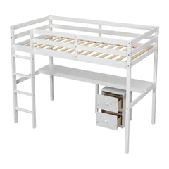 Bellemave® Twin Size Loft Bed with Built-in Desk, a Storage Cabinet of 2 Drawers, Guardrails and Ladder