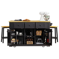 Bellemave® 53" Large Kitchen Island on 5 Wheels with 2 Bar Stools, Power Outlet,Door Internal Storage Rack, Drop Leaf, 5 Open Side Racks, 3 Drawers